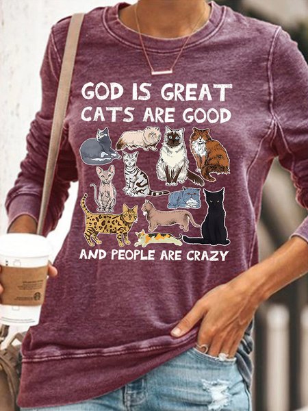 

Womens God Is Great Cat Is Good People Are Crazy Letters Casual Sweatshirt, Red, Hoodies&Sweatshirts