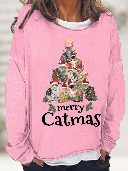 

Women's Merry Christmas Cat Funny Graphic Print Casual Crew Neck Sweatshirt, Pink, Hoodies&Sweatshirts
