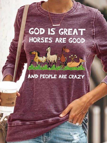 

Womens God Is Great Horse Are Good People Are Crazy Casual Crew Neck Sweatshirt, Red, Hoodies&Sweatshirts