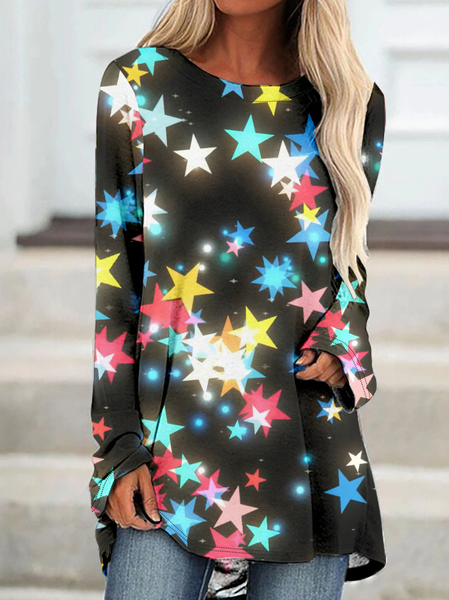 

Women Loose Christmas Star Print Crew Neck Top, Black, Long sleeves
