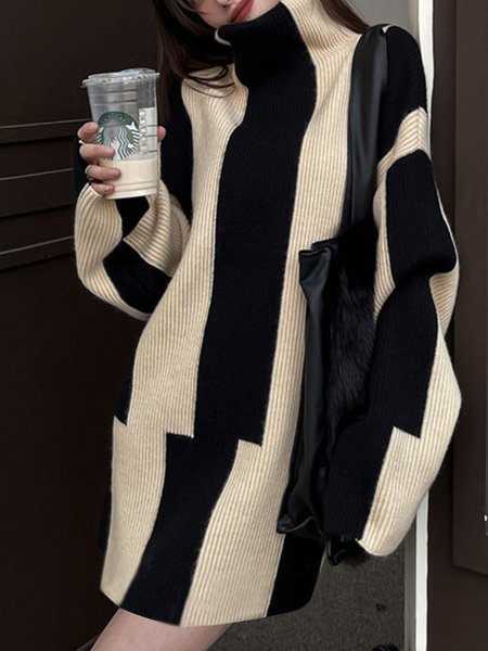 

Daily Turtleneck Long sleeve Simple Striped Dress, Off white, Mini Dresses