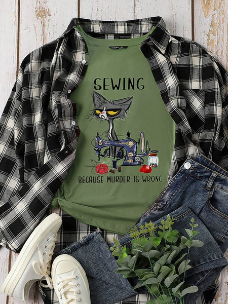 

Sewing Because Murder Is Wrong Funny Cat Graphic Tee, Olive green, T-shirts
