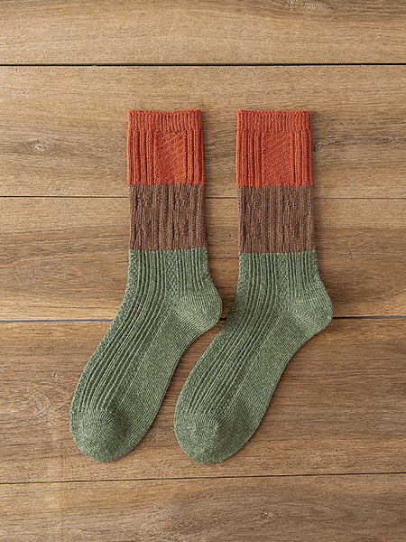 

Casual Vintage Cotton Embossed Contrast Socks, Green, Socks