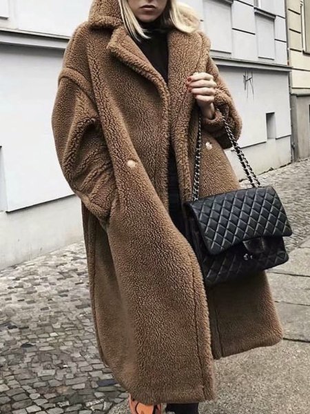 

Lapel Collar Long sleeve Plain Simple Teddy Jacket, Brown, Others