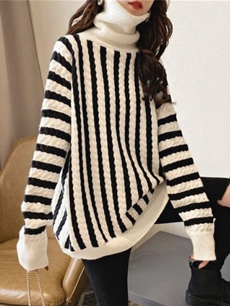 

Daily Long sleeve Simple Turtleneck Winter Sweater, Off white, Pullovers