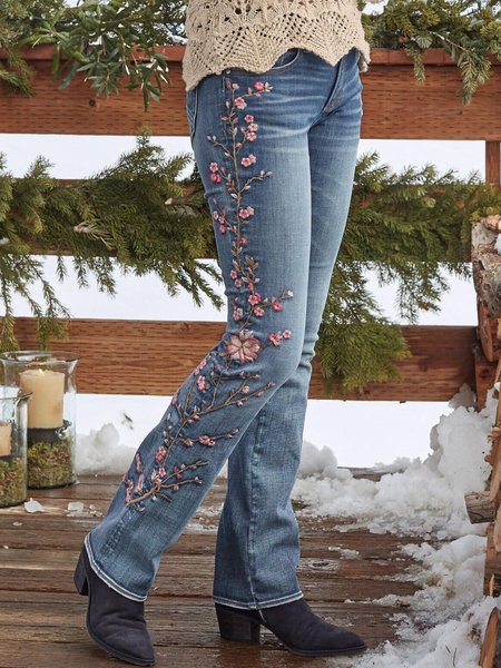 

Casual Floral Denim Jeans, Light blue, Jeans