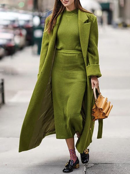 

Daily Long sleeve Urban Plain Lapel Collar Overcoat, Green, Coats
