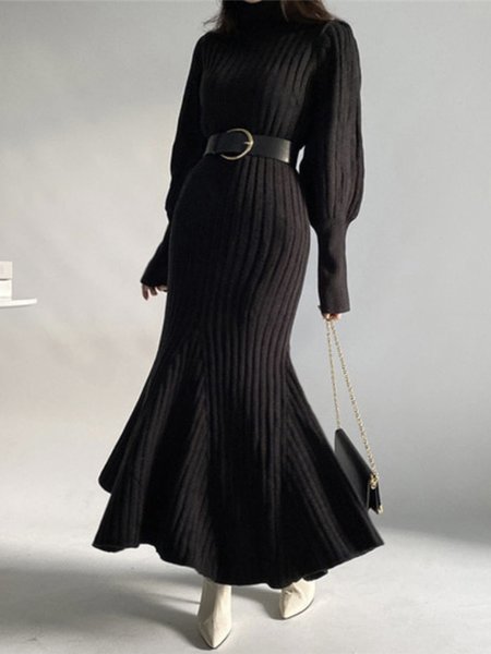 

Daily Long sleeve Elegant Turtleneck Plain Dress, Black, Maxi Dresses