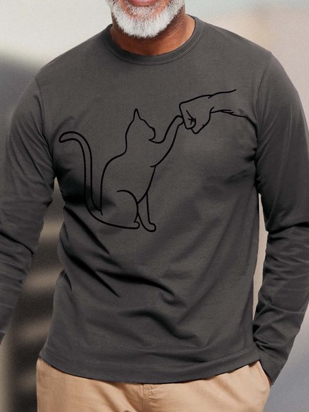 

Men Cat Friendship Give Me Five Casual Crew Neck T-Shirt, Gray, Long Sleeves