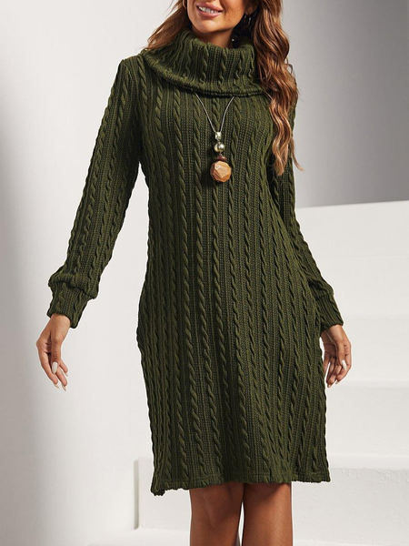

Casual Regular Fit Turtleneck Dress, Army green, Mini Dresses