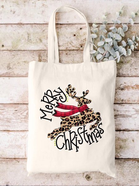 

Leopard Grain Elk Buffalo Plaid Graphic Print Merry Christmas Graphic Shopping Tote, White, Bags