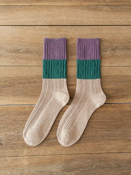 

Casual Vintage Cotton Embossed Contrast Socks, Beige, Socks
