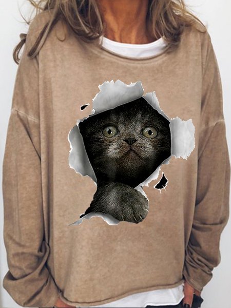 Womens Funny 3D Black Cat Sweatshirt, Light brown, Hoodies&Sweatshirts