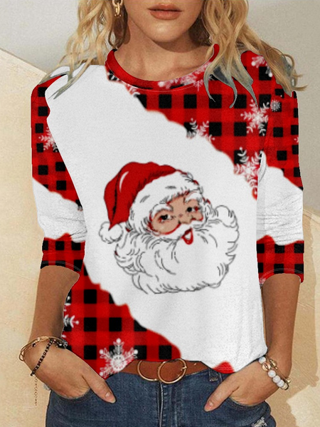 

Women Merry Christmas Santa Claus Plaid Simple Crew Neck Long sleeve Top, Red, Long sleeves
