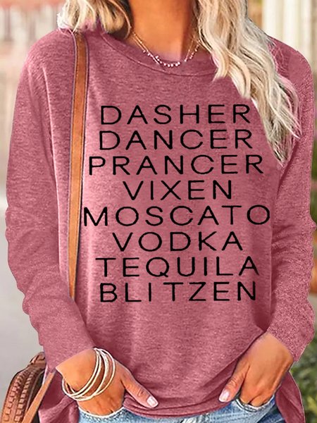 

Womens Christmas Alcohol Letters Crew Neck Top, Rose red, Long sleeves