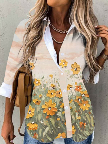 

Floral Casual Shawl Collar Blouse, Yellow, Shirts & Blouses