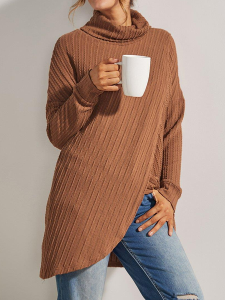 

Casual Loose Plain Asymmetric Sweatshirts, Brown, Tunics