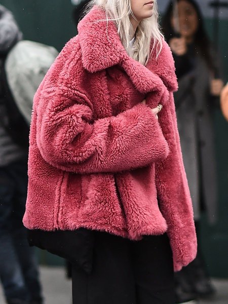 

Plain Simple Lapel Collar Teddy Coat, Dark pink, Coats