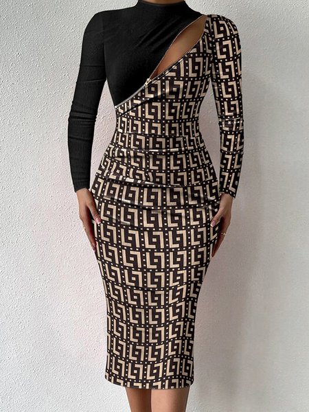

Elegant Stand Collar Split Joint Text Letters Dress, Black, Midi Dresses
