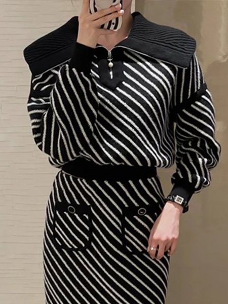 

Daily Shawl Collar Long sleeve Striped Urban Sweater, Black, Pullovers
