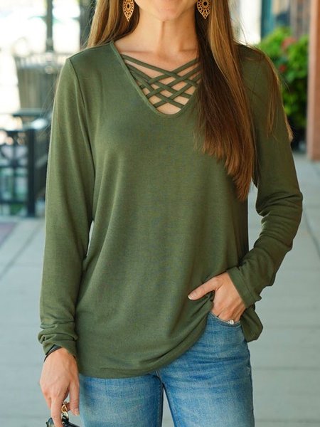 

Lace-up V-Neck Long Sleeve T-Shirt, Purple, T-Shirts