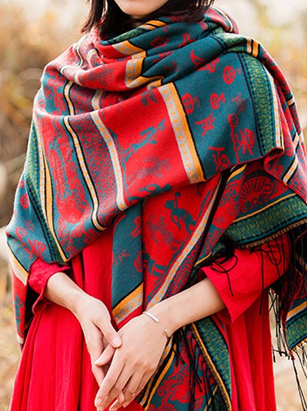 

Leisure Red Green Increase Thickened Ethnic Pattern Long Cashmere Scarf Shawl Wrap, As picture, Scarfs
