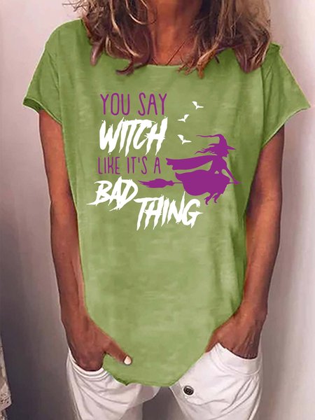 

Women Halloween Brooms Witch Casual Loose Halloween T-Shirt, Green, T-shirts