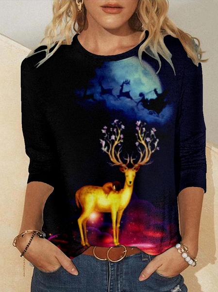 

Women Simple Christmas Elk Regular Fit Long sleeve Top, Black, Long sleeves