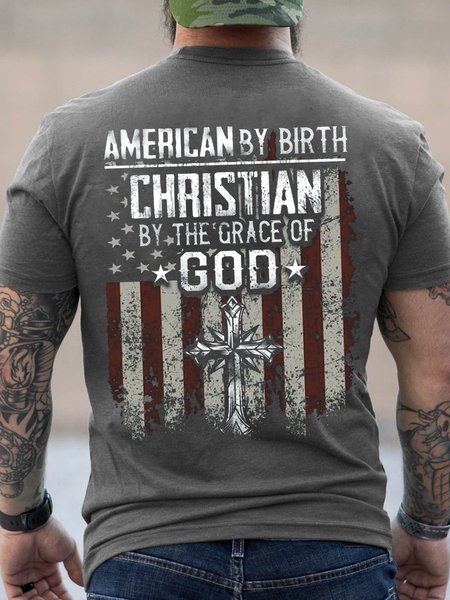 

Men American By Birth Christian By Grace Of God Crew Neck Text Letters Loose T-Shirt, Gray, T-shirts