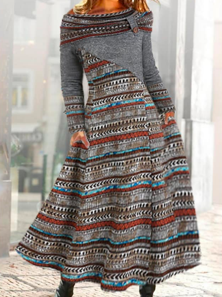 

Loose Ethnic Crew Neck Dresses, Gray, Dresses
