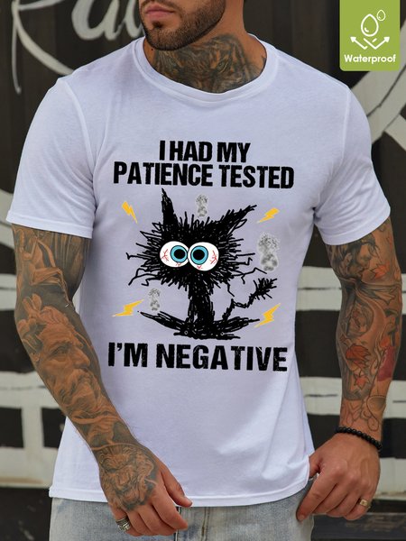 

Men's I Am Negative Funny Grumpy Black Cat Graphic Print Text Letters Waterproof Oilproof And Stainproof Fabric Casual T-Shirt, White, T-shirts