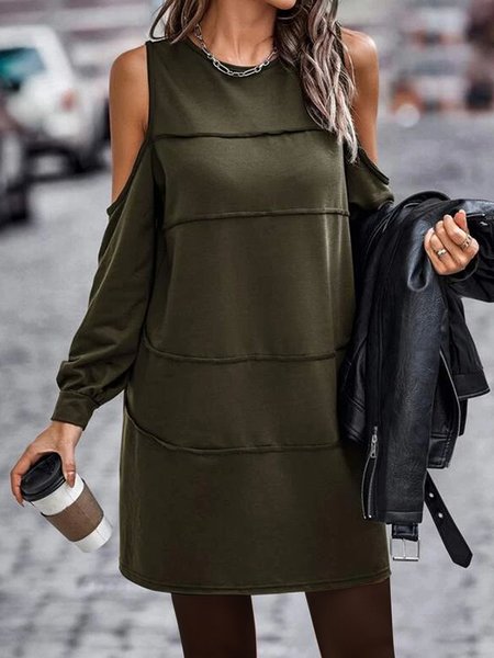 

Crew Neck Plain Casual Dresses, Army green, Mini Dresses