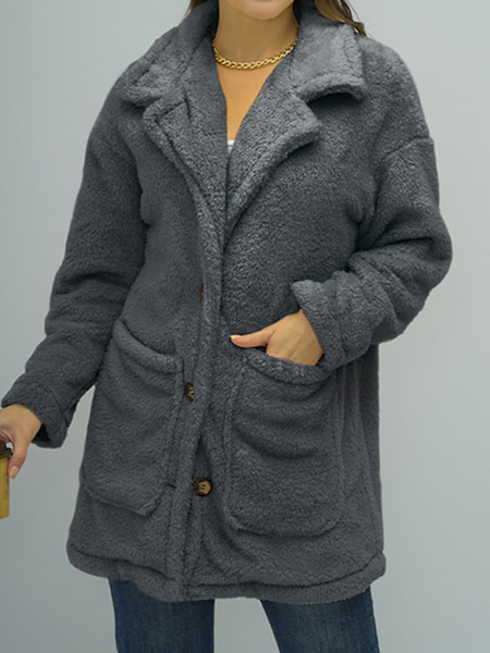 Casual Plain Regular Fit Teddy Jacket, Gray, Outerwear