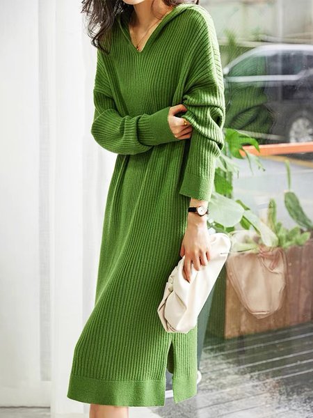

Elegant Long Sleeve Hoodie Plain Sweater Dress, Green, Midi Dresses