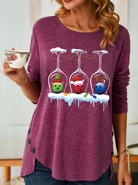 

Women's Merry Christmas Three Wine Glasses Funny Elves Funny Graphic Print Crew Neck Loose Cotton-Blend Top, Wine red, Long sleeves