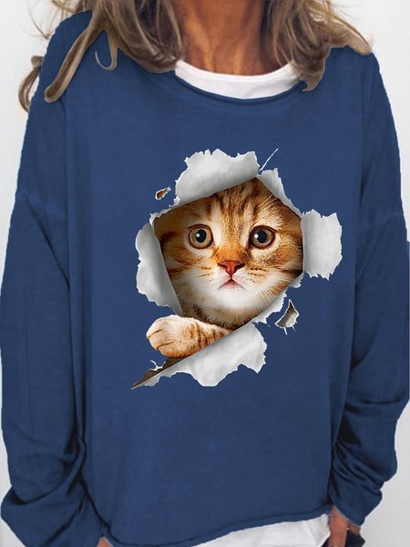 

Womens 3D Cat Print Crew Neck Sweatshirt, Dark blue, Hoodies&Sweatshirts