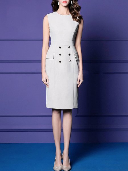

Elegant Plain Crew Neck Midi Dress, White, Midi Dresses