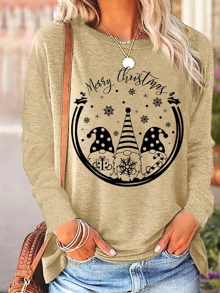 

Women's Merry Christmas Gnome Funny Graphic Print Casual Regular Fit Top, Khaki, Long sleeves