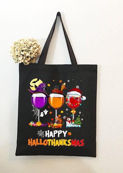 

Happy Hallo Thanks Mas Funny Three Red Wine Glasses Christmas Graphic Shopping Tote, Black, Bags