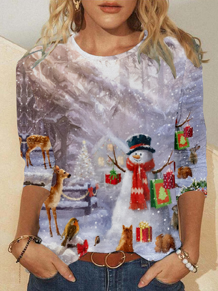 Womens Christmas Crew Neck Top, As picture, Long sleeves