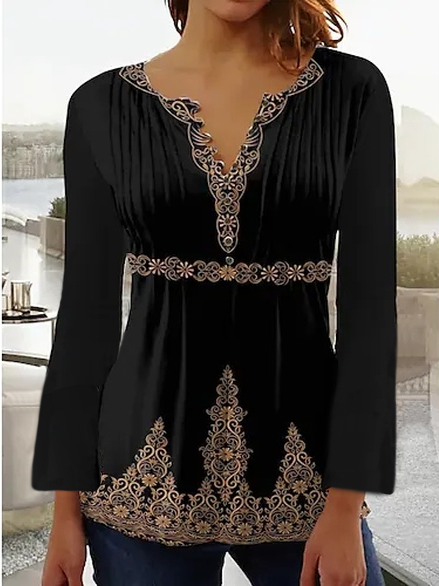 

Ethnic Loose V Neck Tops, Black, Tops