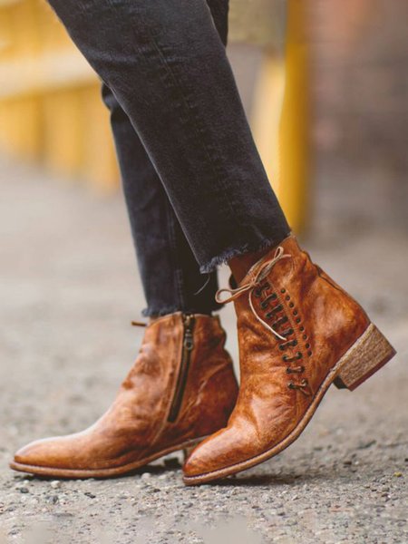 

Women's Vintage Side Lace Up Chunky Heel Booties with Zipper, Brown, Boots