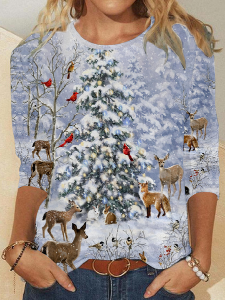

Women's Christmas Tree Elk Casual Long Sleeve Top, As picture, Long sleeves