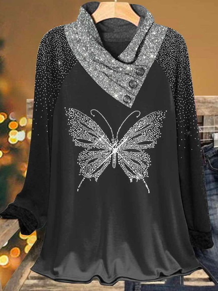 

Casual Loose Butterfly Asymmetrical T-Shirt, Black, T-Shirts