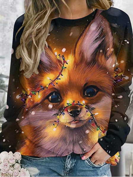 

Women Crew Neck Raglan Sleeve Christmas Fox Color Light Sweatshirt, As picture, Hoodies&Sweatshirts