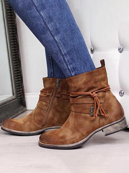 

Comfort Soft Leather Vintage Round Toe Side Zip Lace-Up Low Heel Booties, Brown, Women Shoes