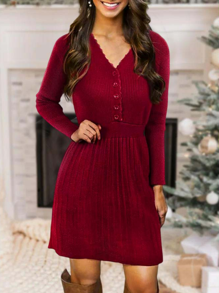 

Christmas Ruffled Button V-Neck Knitted Mini Dress, Wine red, Dresses