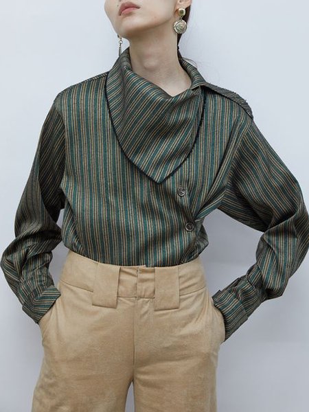

Long sleeve Striped Loose Elegant Blouse, Dark green, Blouses and Shirts