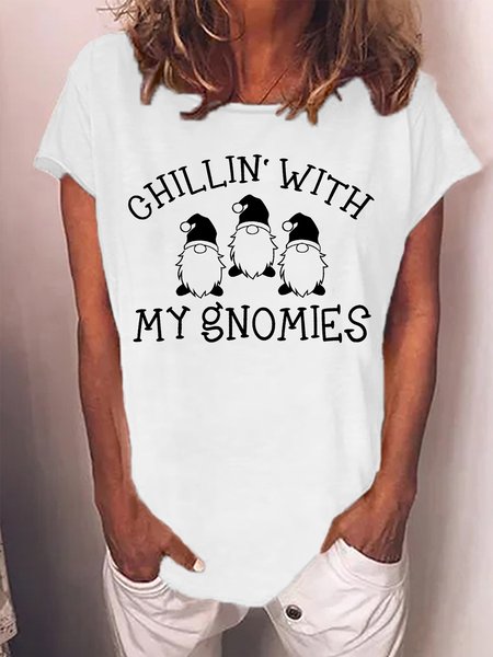 

Women's Chillin With My Gnomies Christmas Graphic Print Cotton-Blend Casual Loose T-Shirt, White, T-shirts