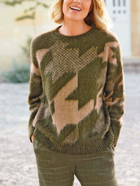 

Houndstooth Yarn/Wool Yarn Crew Neck Sweater, Green, Sweaters